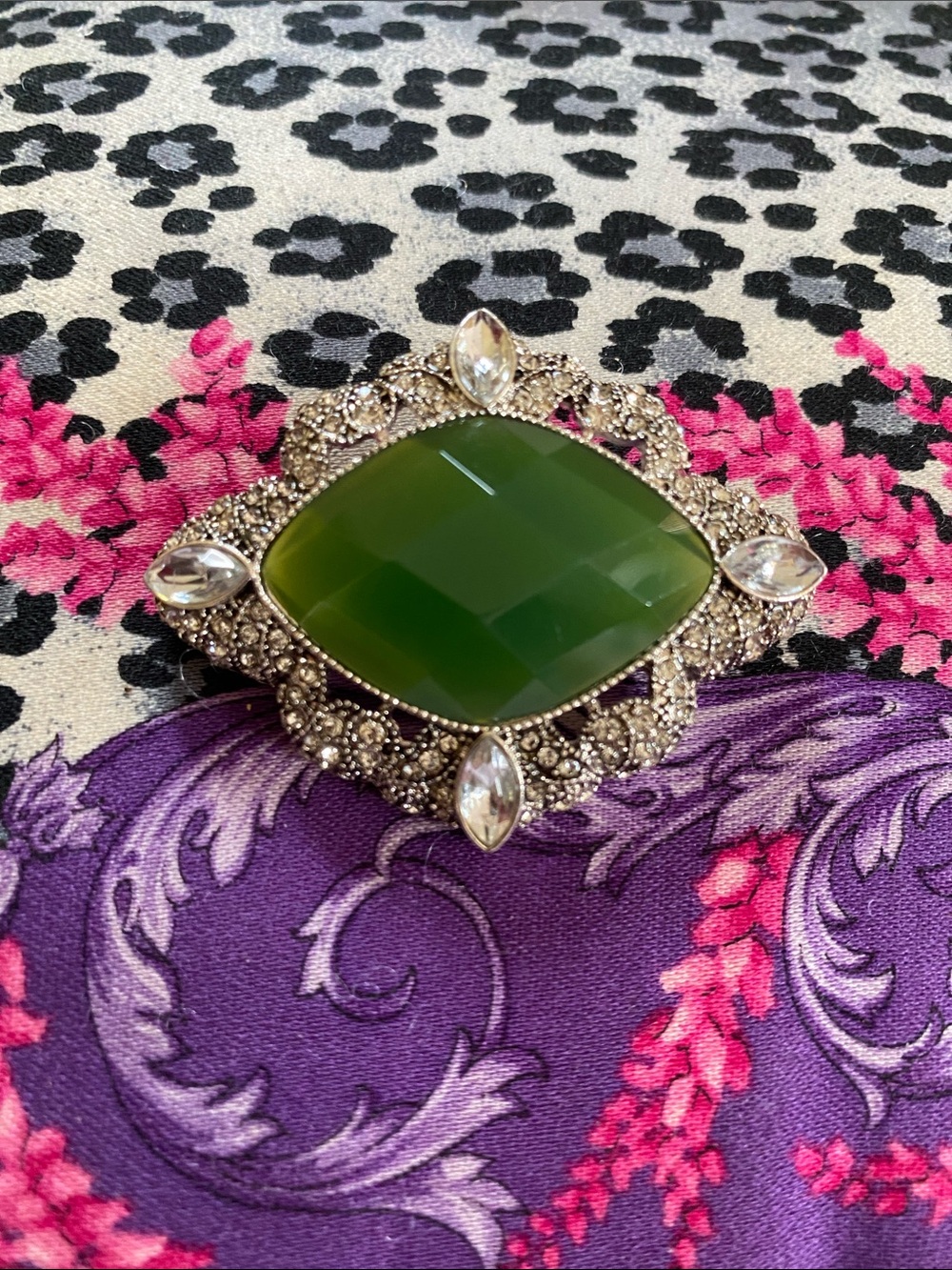 Napier Stamped Vintage Stunning Green Stone Elaborate Crystal Encrusted Brooch